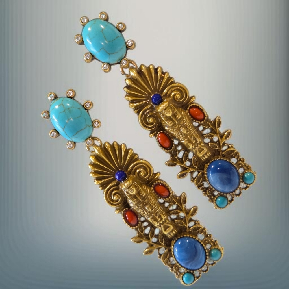 Antique Gold Egyptian Revival Pharaoh Cabochon Crystal Earrings - Picture 2 of 5